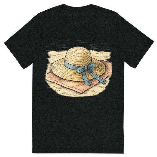Front view of a Premium Tri-Blend Crew Neck T-Shirt in Charcoal-Black showing 'A hand-drawn ink with pops of color, relaxed graphic of a classic woven straw sun hat with a ribbon, lying on a towel at the beach, hand-drawn ink with pops of color, centered composition, transparent background, optimized for dtg printing'
