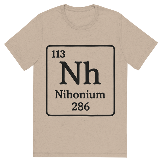 Front view of a Premium Tri-Blend Crew Neck T-Shirt in Tan showing 'A line art, nostalgic graphic of nihonium's entry on the periodic table, use a dark color for the lines and text'