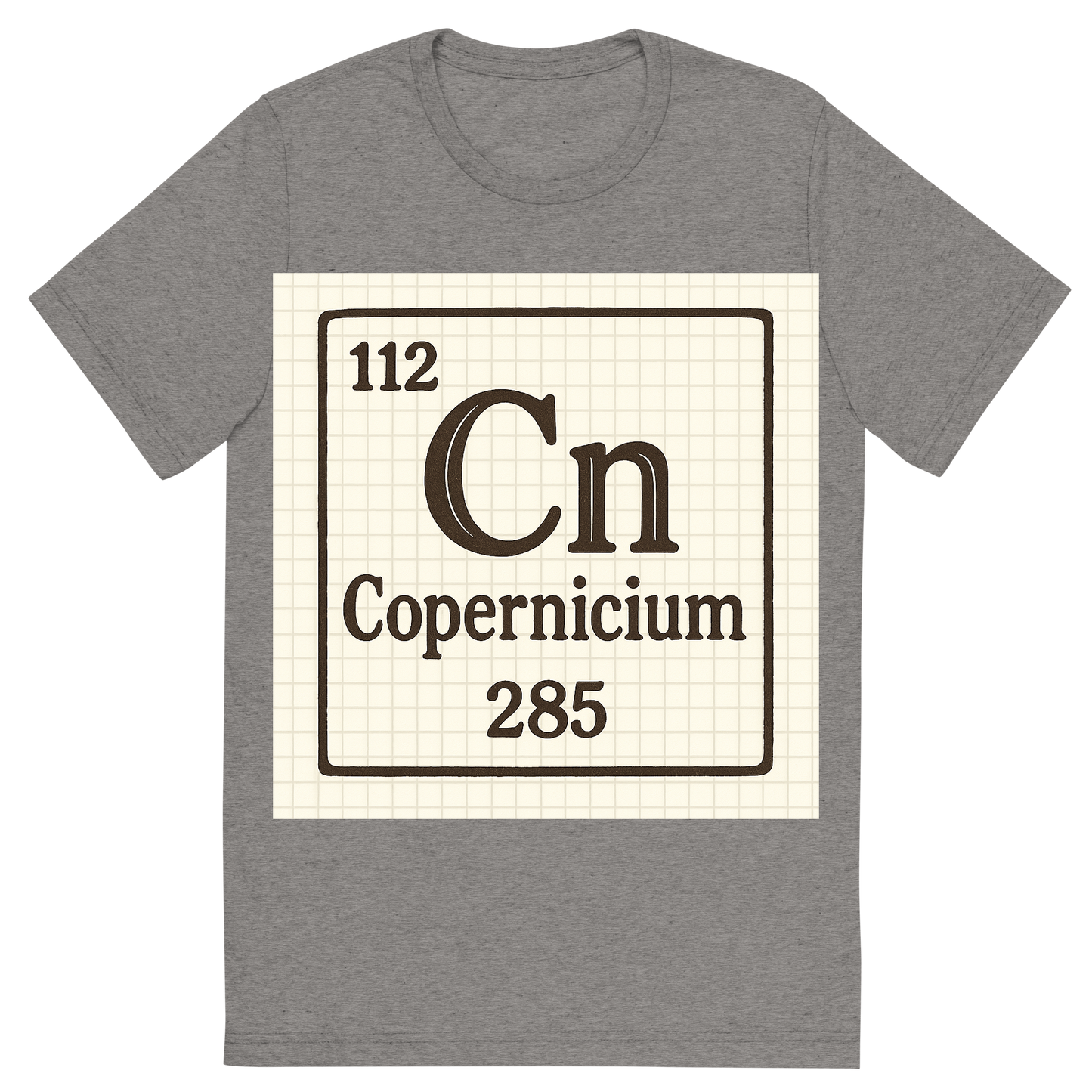 Front view of a Premium Tri-Blend Crew Neck T-Shirt in Grey showing 'A line art, nostalgic graphic of copernicium's entry on the periodic table, use a dark color for the lines and text'