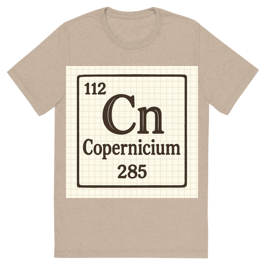 Front view of a Premium Tri-Blend Crew Neck T-Shirt in Tan showing 'A line art, nostalgic graphic of copernicium's entry on the periodic table, use a dark color for the lines and text'