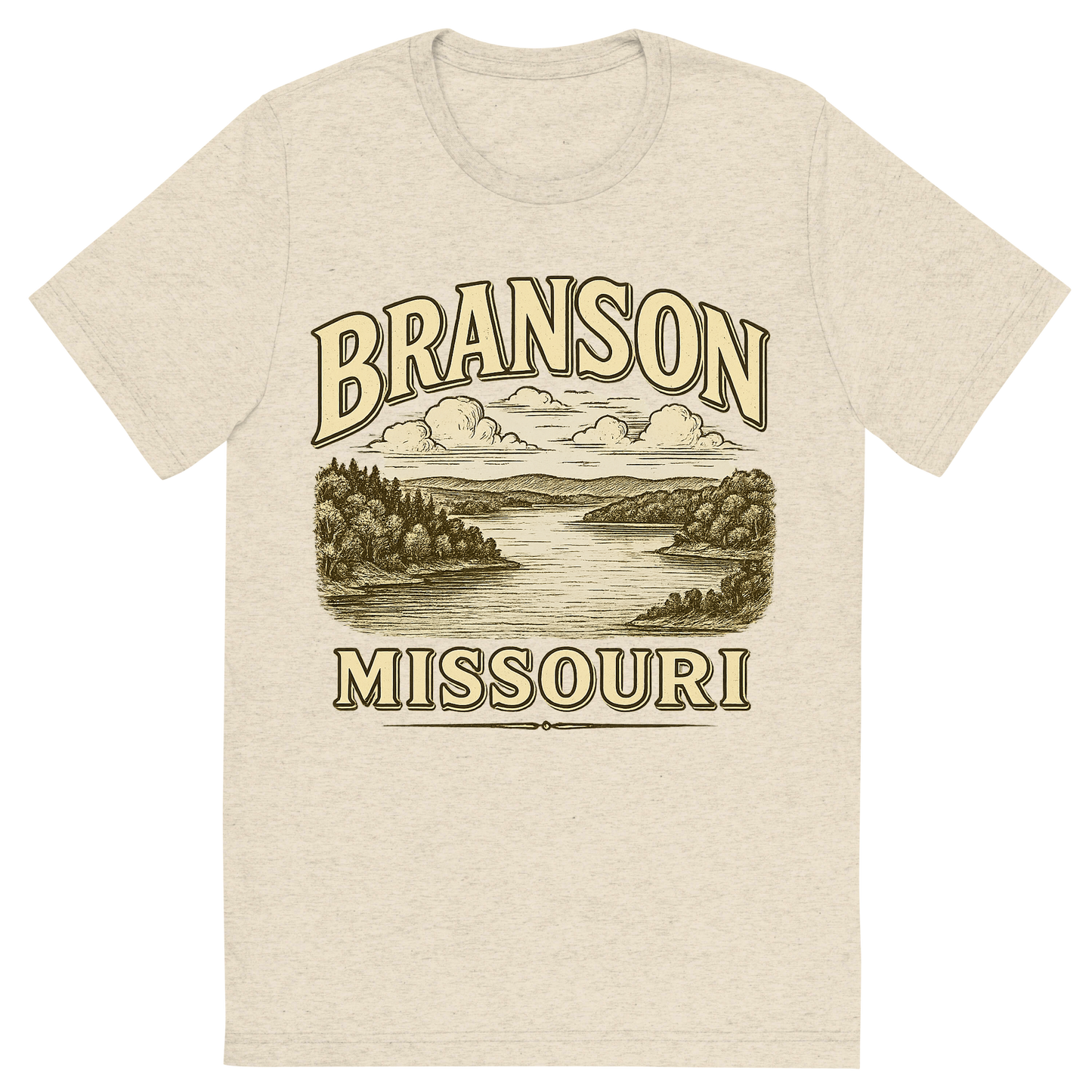 Front view of a Premium Tri-Blend Crew Neck T-Shirt in Oatmeal showing 'A typographic, nostalgic graphic of a typographic illustration of the words 'branson, missouri' with a vintage line art drawing of the table rock lake'