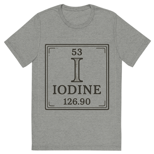 Front view of a Premium Tri-Blend Crew Neck T-Shirt in Athletic Grey showing 'A line art, nostalgic graphic of iodine's entry on the periodic table, use a dark color for the lines and text'