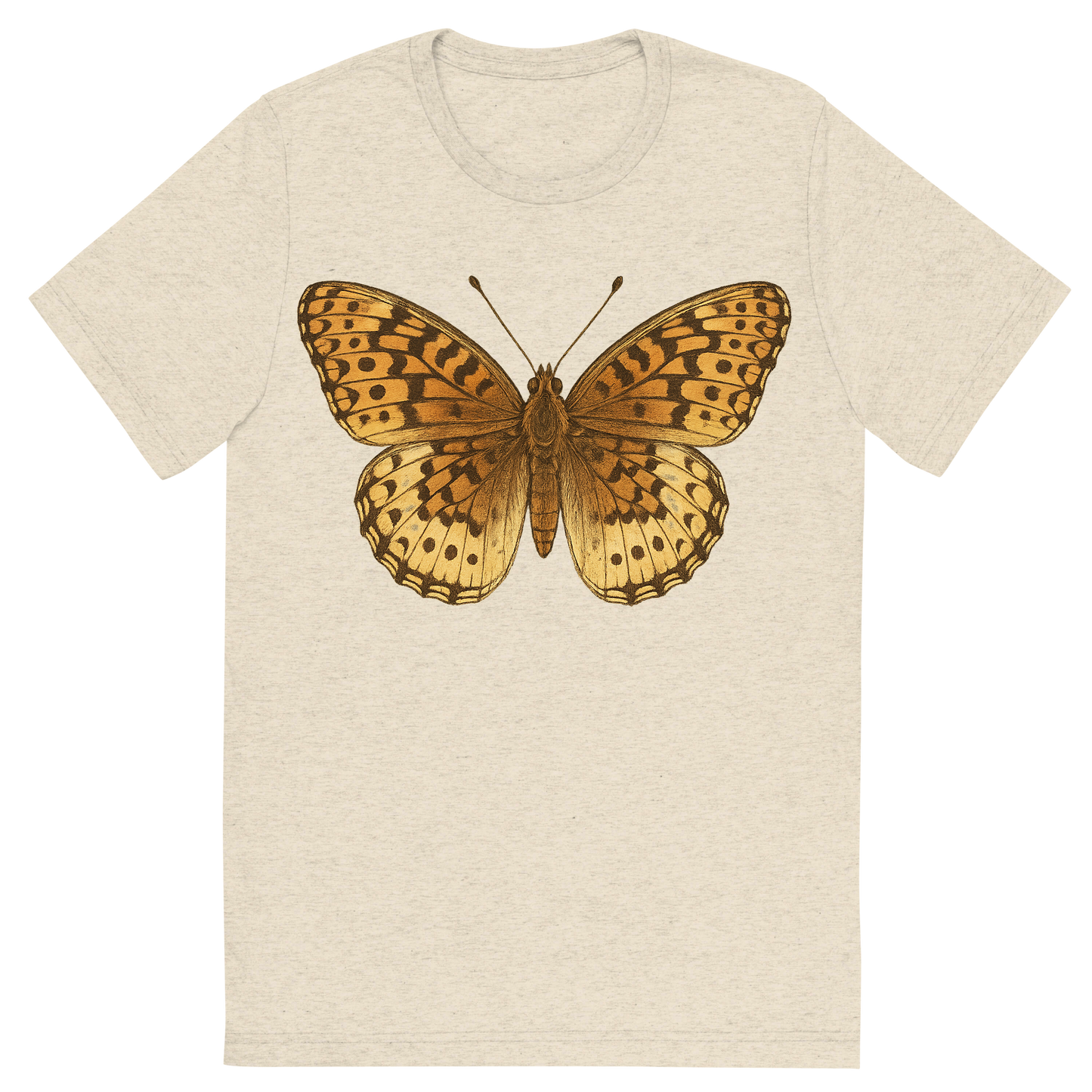Front view of a Premium Tri-Blend Crew Neck T-Shirt in Oatmeal showing 'A hand-drawn, tranquil graphic of great spangled fritillary butterfly'