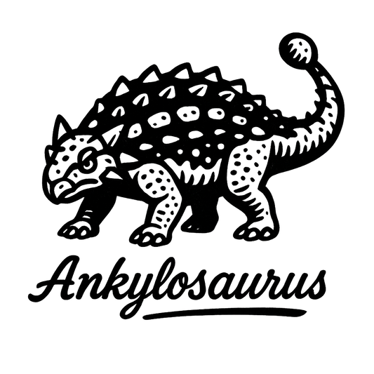 A flat, neutral graphic of a bold ink drawing of an ankylosaurus with armored plates and a clubbed tail. “ankylosaurus” is inscribed below in script. ink illustration on a white background. - a t-shirt design
