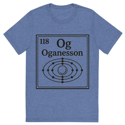 Front view of a Premium Tri-Blend Crew Neck T-Shirt in Blue showing 'A line art, nostalgic graphic of oganesson's entry on the periodic table, use a dark color for the lines and text'