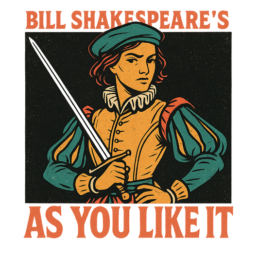 A retro, edgy graphic of a visual representation of a key theme and character from william shakespeare's as you like it – a t-shirt design