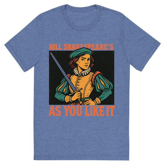 Front view of a Premium Tri-Blend Crew Neck T-Shirt in Blue showing 'A retro, edgy graphic of a visual representation of a key theme and character from william shakespeare's as you like it'