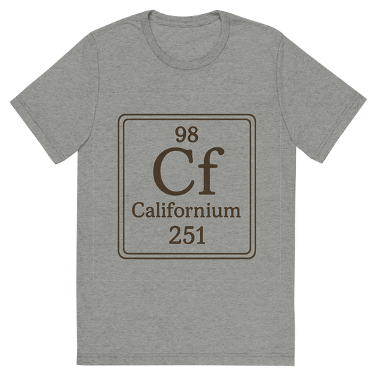 Front view of a Premium Tri-Blend Crew Neck T-Shirt in Athletic Grey showing 'A line art, nostalgic graphic of californium's entry on the periodic table, use a dark color for the lines and text'