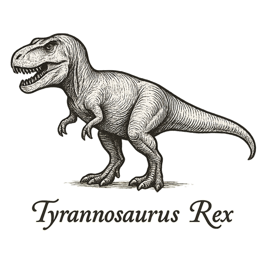 A flat, neutral graphic of a hand-drawn illustration of a tyrannosaurus rex in profile, with powerful legs and sharp teeth. the name “tyrannosaurus rex” is written below in elegant script. ink illustration on a white background. - a t-shirt design