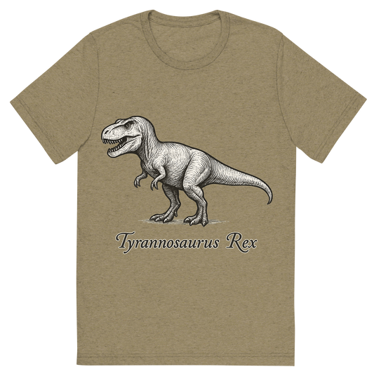 Front view of a Premium Tri-Blend Crew Neck T-Shirt in Olive showing 'A flat, neutral graphic of a hand-drawn illustration of a tyrannosaurus rex in profile, with powerful legs and sharp teeth. the name “tyrannosaurus rex” is written below in elegant script. ink illustration on a white background.'