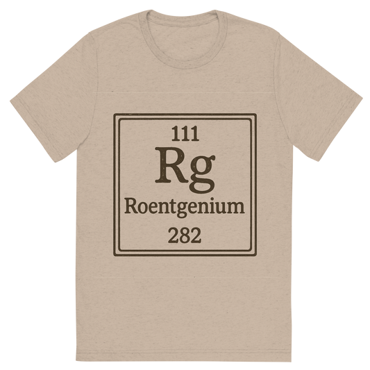 Front view of a Premium Tri-Blend Crew Neck T-Shirt in Tan showing 'A line art, nostalgic graphic of roentgenium's entry on the periodic table, use a dark color for the lines and text'