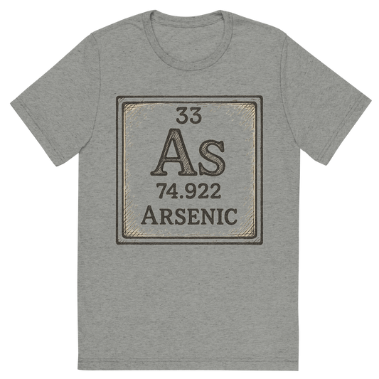 Front view of a Premium Tri-Blend Crew Neck T-Shirt in Athletic Grey showing 'A line art, nostalgic graphic of arsenic's entry on the periodic table, use a dark color for the lines and text'