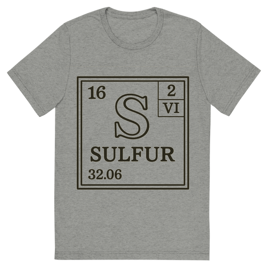 Front view of a Premium Tri-Blend Crew Neck T-Shirt in Athletic Grey showing 'A line art, nostalgic graphic of sulfur's entry on the periodic table, use a dark color for the lines and text'