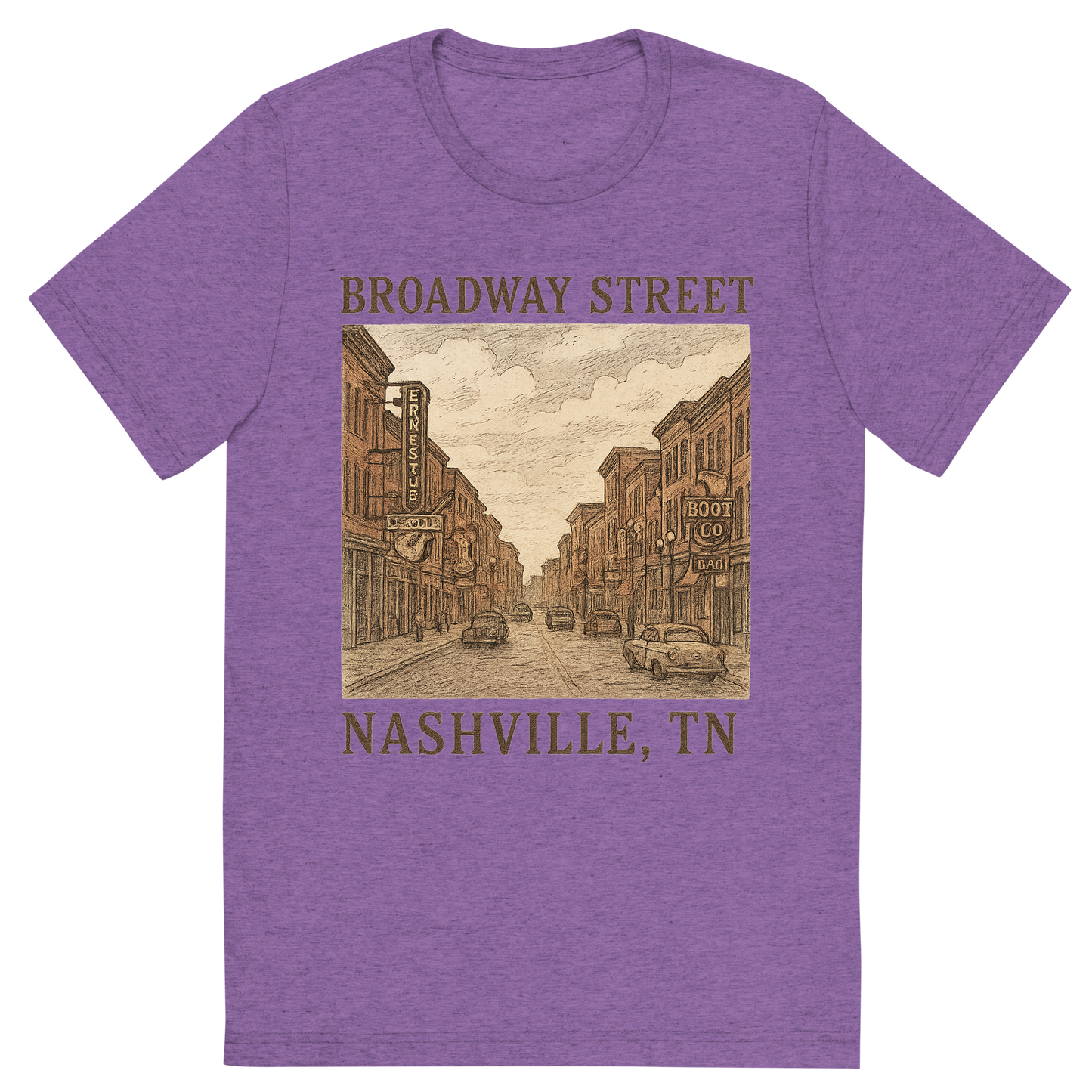 Front view of a Premium Tri-Blend Crew Neck T-Shirt in Purple showing 'A hand-drawn, nostalgic graphic of nashville, tennessee featuring broadway street'