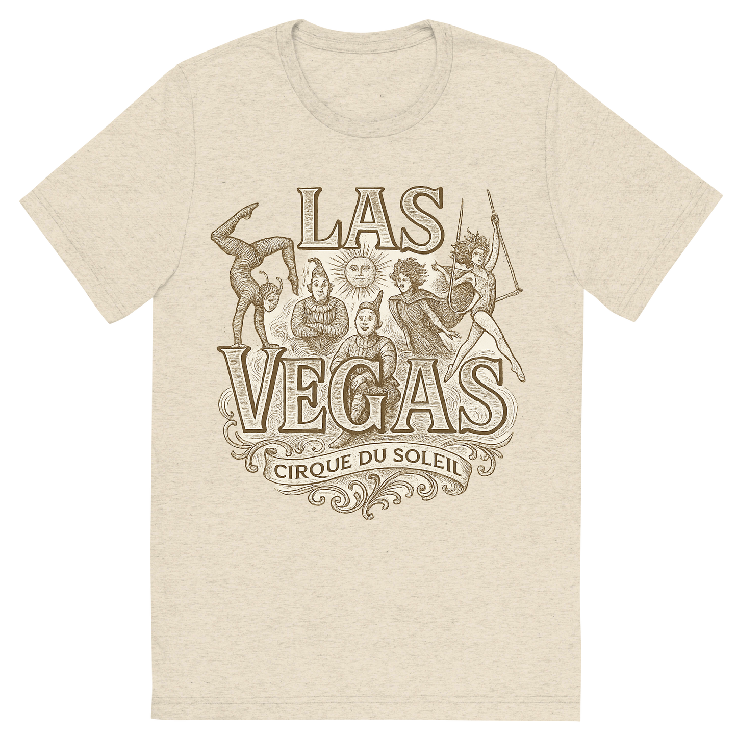 Front view of a Premium Tri-Blend Crew Neck T-Shirt in Oatmeal showing 'A typographic, nostalgic graphic of a typographic illustration of the words 'las vegas' with a vintage line art drawing of the cirque du soleil shows'