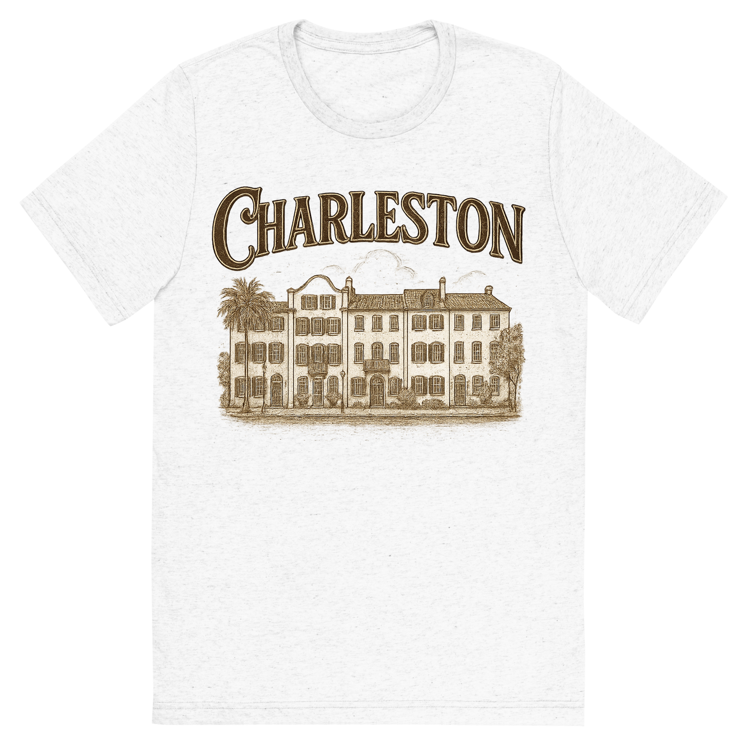 Front view of a Premium Tri-Blend Crew Neck T-Shirt in Solid White showing 'A typographic, nostalgic graphic of a typographic illustration of the words 'charleston' with a vintage line art drawing of the rainbow row'