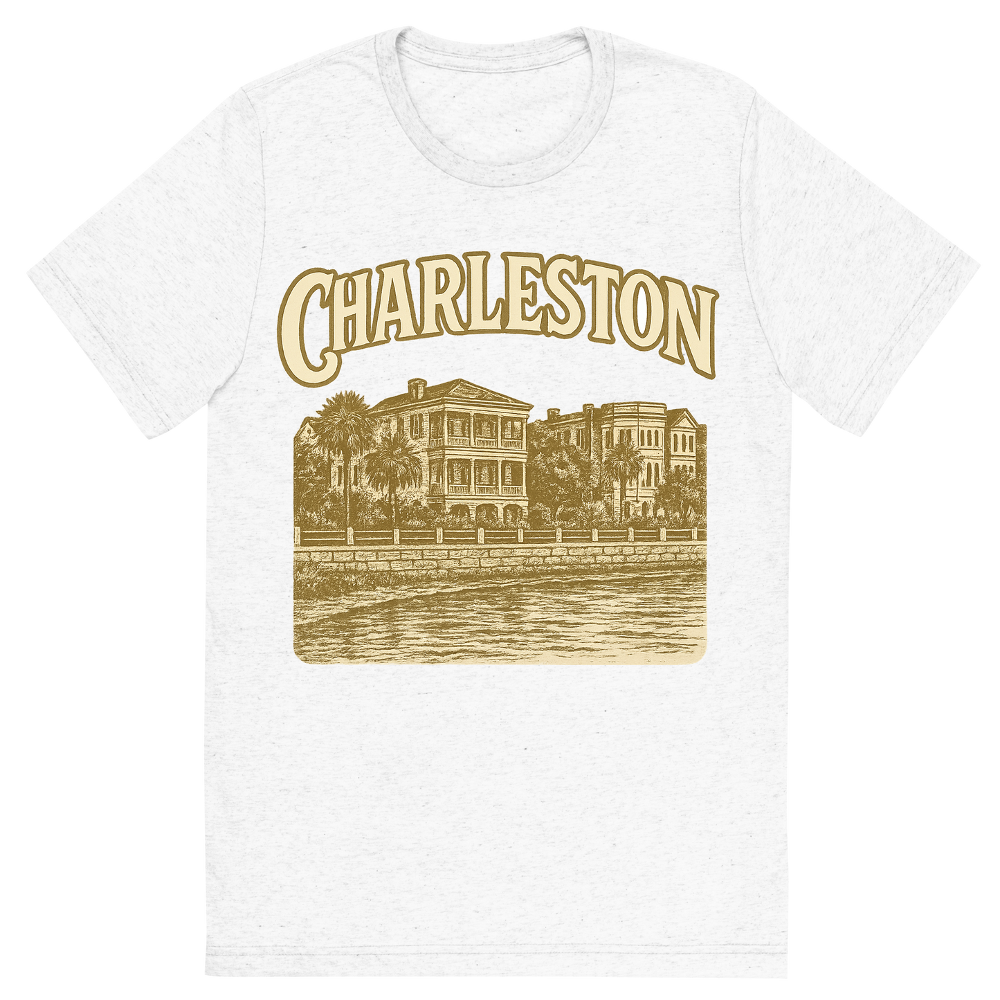 Front view of a Premium Tri-Blend Crew Neck T-Shirt in Solid White showing 'A typographic, nostalgic graphic of a typographic illustration of the words 'charleston' with a vintage line art drawing of the battery'