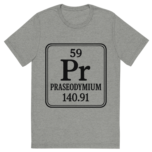 Front view of a Premium Tri-Blend Crew Neck T-Shirt in Athletic Grey showing 'A line art, nostalgic graphic of praseodymium's entry on the periodic table, use a dark color for the lines and text'
