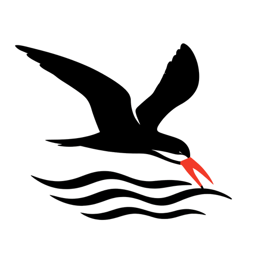A high-contrast silhouette with minimal accent color, swift graphic of a silhouette of a black skimmer gliding low over the waves with its lower bill skimming the surface, red-orange bill tip highlighted, transparent background, optimized for dtg printing - a t-shirt design