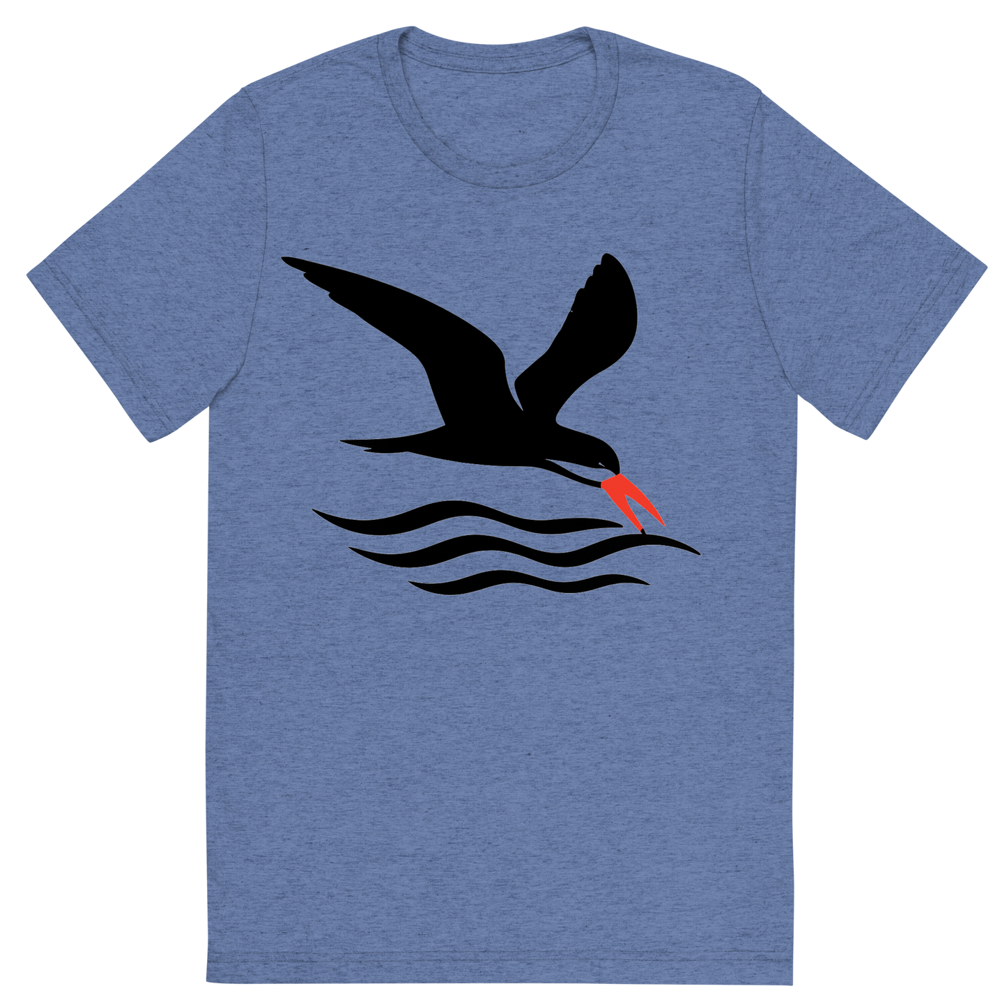 Front view of a Premium Tri-Blend Crew Neck T-Shirt in Blue showing 'A high-contrast silhouette with minimal accent color, swift graphic of a silhouette of a black skimmer gliding low over the waves with its lower bill skimming the surface, red-orange bill tip highlighted, transparent background, optimized for dtg printing'