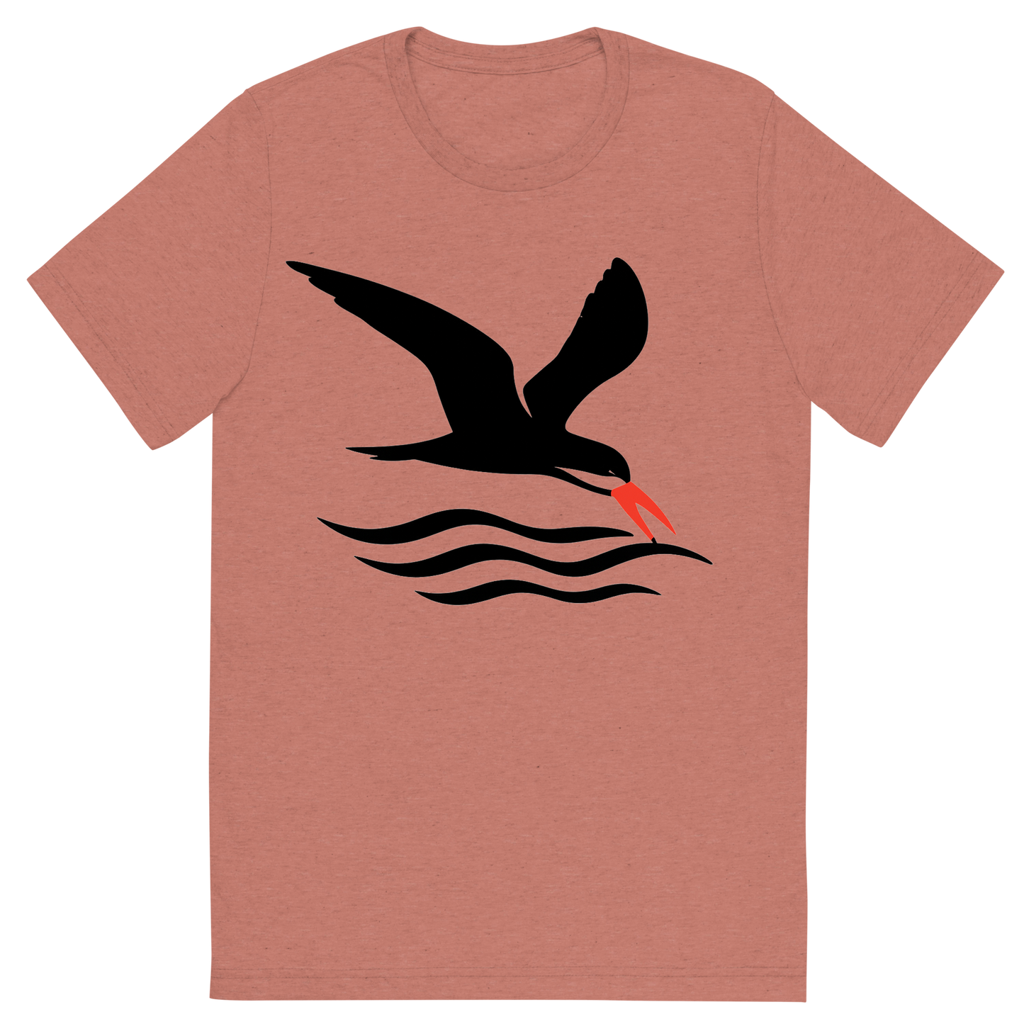 Front view of a Premium Tri-Blend Crew Neck T-Shirt in Mauve showing 'A high-contrast silhouette with minimal accent color, swift graphic of a silhouette of a black skimmer gliding low over the waves with its lower bill skimming the surface, red-orange bill tip highlighted, transparent background, optimized for dtg printing'