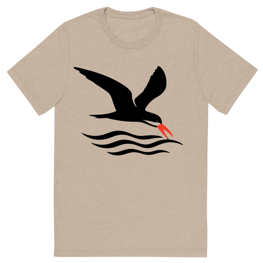 Front view of a Premium Tri-Blend Crew Neck T-Shirt in Tan showing 'A high-contrast silhouette with minimal accent color, swift graphic of a silhouette of a black skimmer gliding low over the waves with its lower bill skimming the surface, red-orange bill tip highlighted, transparent background, optimized for dtg printing'