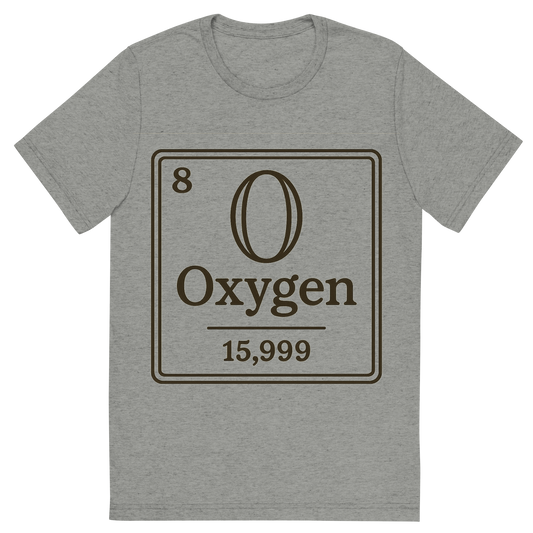 Front view of a Premium Tri-Blend Crew Neck T-Shirt in Athletic Grey showing 'A line art, nostalgic graphic of oxygen's entry on the periodic table, use a dark color for the lines and text'