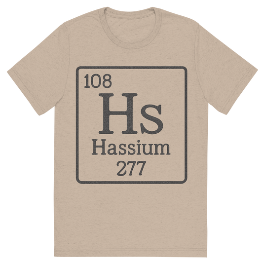 Front view of a Premium Tri-Blend Crew Neck T-Shirt in Tan showing 'A line art, nostalgic graphic of hassium's entry on the periodic table, use a dark color for the lines and text'