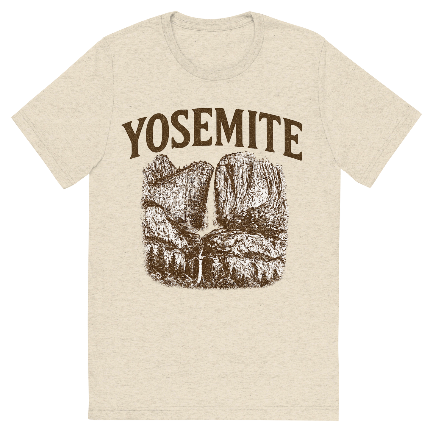 Front view of a Premium Tri-Blend Crew Neck T-Shirt in Oatmeal showing 'A typographic, nostalgic graphic of a typographic illustration of the words 'yosemite' with a vintage line art drawing of the yosemite falls'