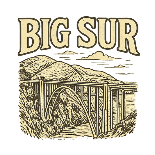 A typographic, nostalgic graphic of a typographic illustration of the words 'big sur' with a vintage line art drawing of the bixby creek bridge – a t-shirt design