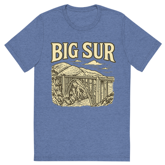 Front view of a Premium Tri-Blend Crew Neck T-Shirt in Blue showing 'A typographic, nostalgic graphic of a typographic illustration of the words 'big sur' with a vintage line art drawing of the bixby creek bridge'