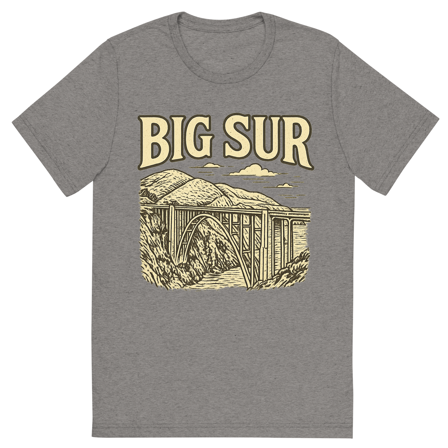 Front view of a Premium Tri-Blend Crew Neck T-Shirt in Grey showing 'A typographic, nostalgic graphic of a typographic illustration of the words 'big sur' with a vintage line art drawing of the bixby creek bridge'