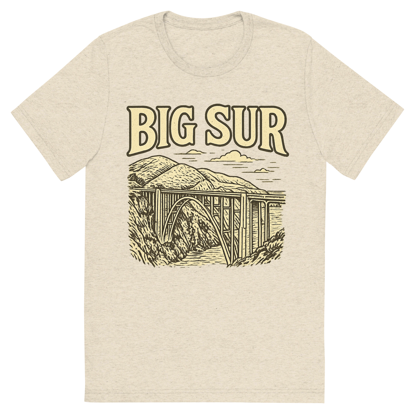 Front view of a Premium Tri-Blend Crew Neck T-Shirt in Oatmeal showing 'A typographic, nostalgic graphic of a typographic illustration of the words 'big sur' with a vintage line art drawing of the bixby creek bridge'