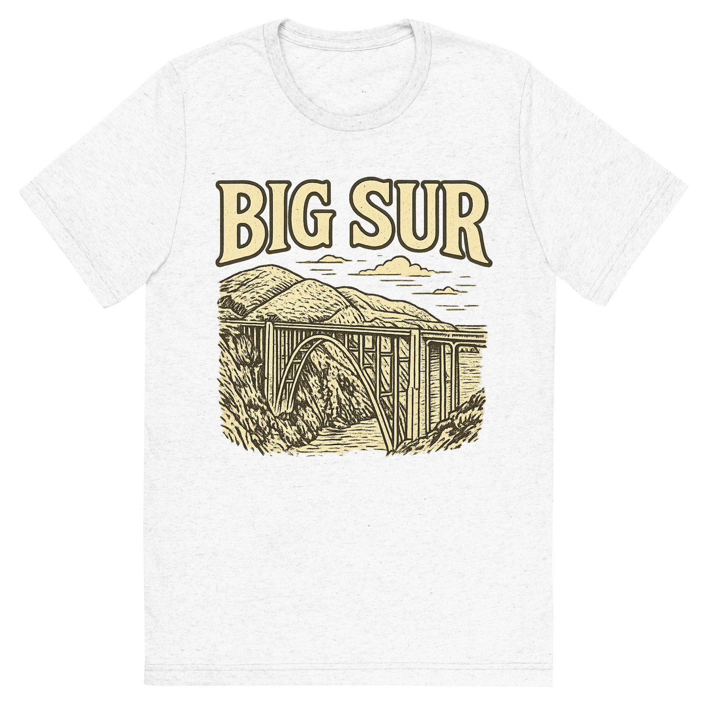 Front view of a Premium Tri-Blend Crew Neck T-Shirt in Solid White showing 'A typographic, nostalgic graphic of a typographic illustration of the words 'big sur' with a vintage line art drawing of the bixby creek bridge'