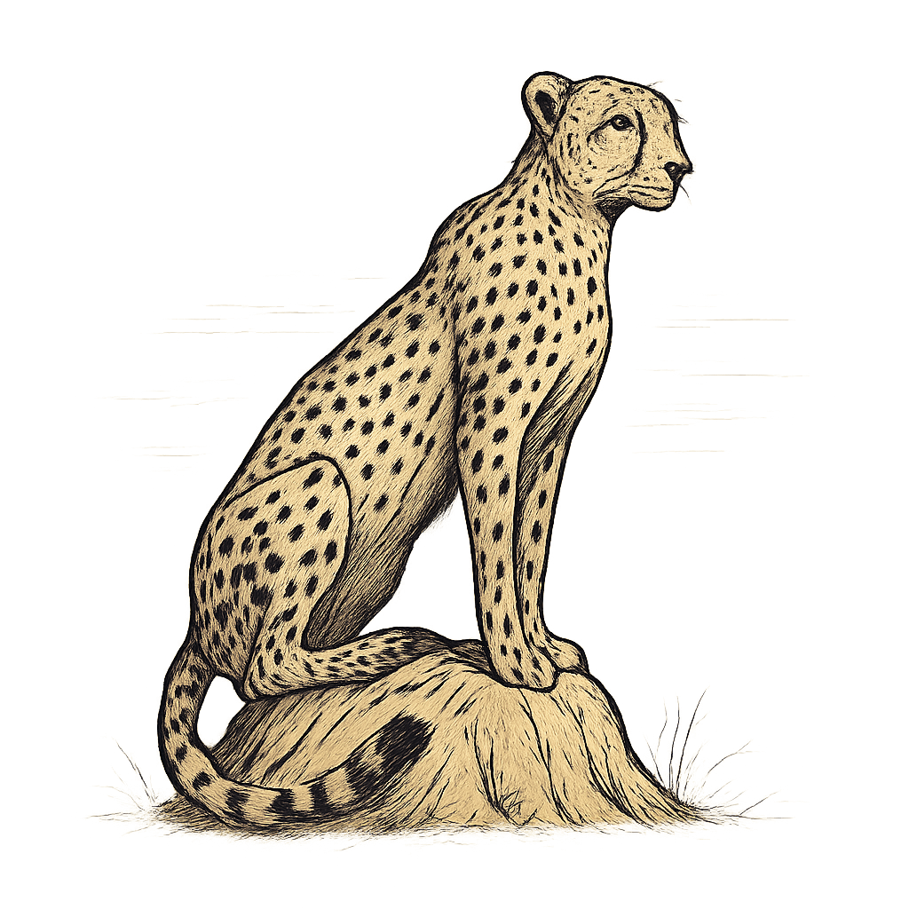 A hand-drawn ink with color pops, focused graphic of a sleek cheetah perched atop a termite mound, scanning the horizon with alert eyes, illustrated in hand-drawn ink with soft tan and black details, centered composition, transparent background, optimized for dtg printing - a t-shirt design