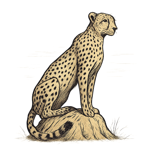 A hand-drawn ink with color pops, focused graphic of a sleek cheetah perched atop a termite mound, scanning the horizon with alert eyes, illustrated in hand-drawn ink with soft tan and black details, centered composition, transparent background, optimized for dtg printing - a t-shirt design