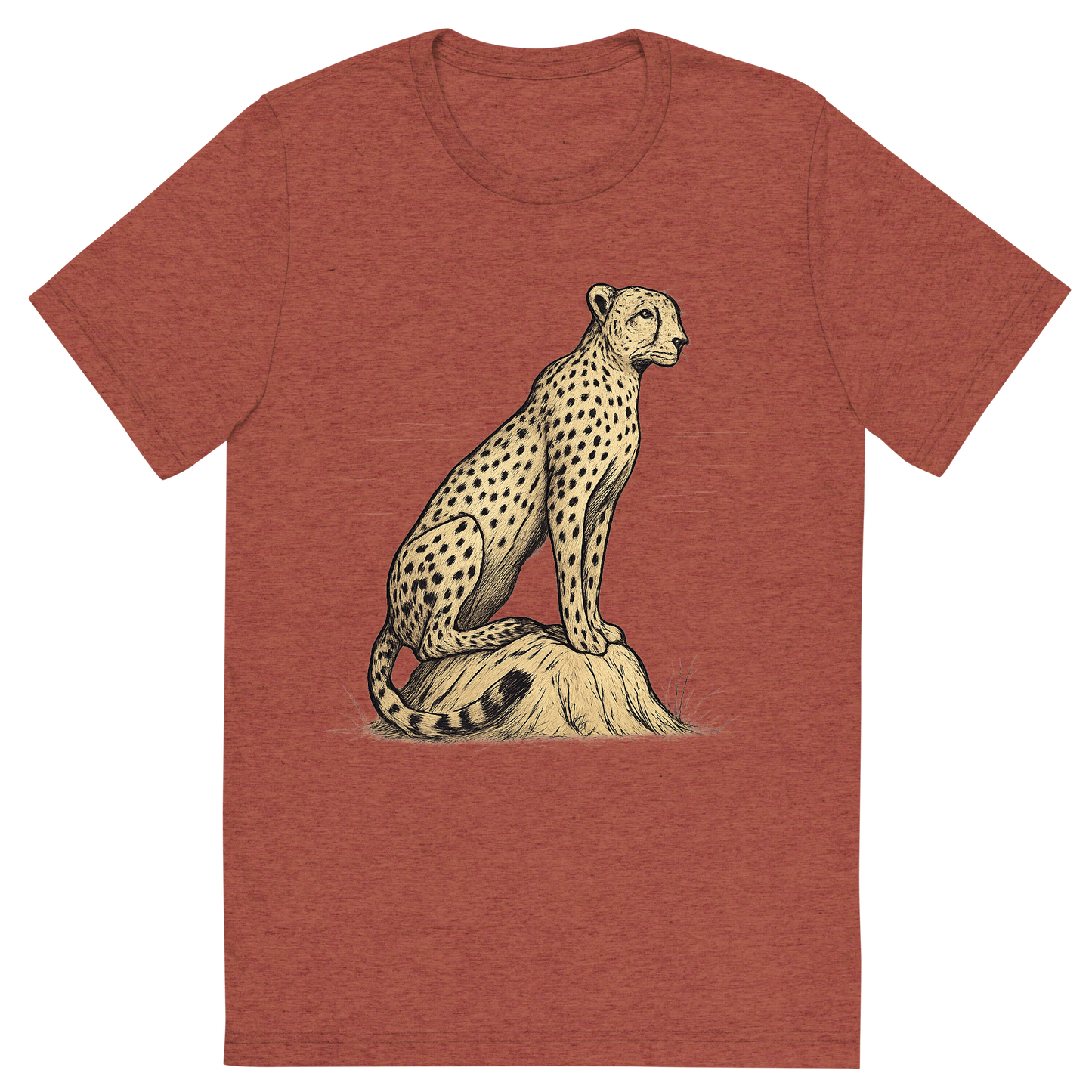 Front view of a Premium Tri-Blend Crew Neck T-Shirt in Clay showing 'A hand-drawn ink with color pops, focused graphic of a sleek cheetah perched atop a termite mound, scanning the horizon with alert eyes, illustrated in hand-drawn ink with soft tan and black details, centered composition, transparent background, optimized for dtg printing'