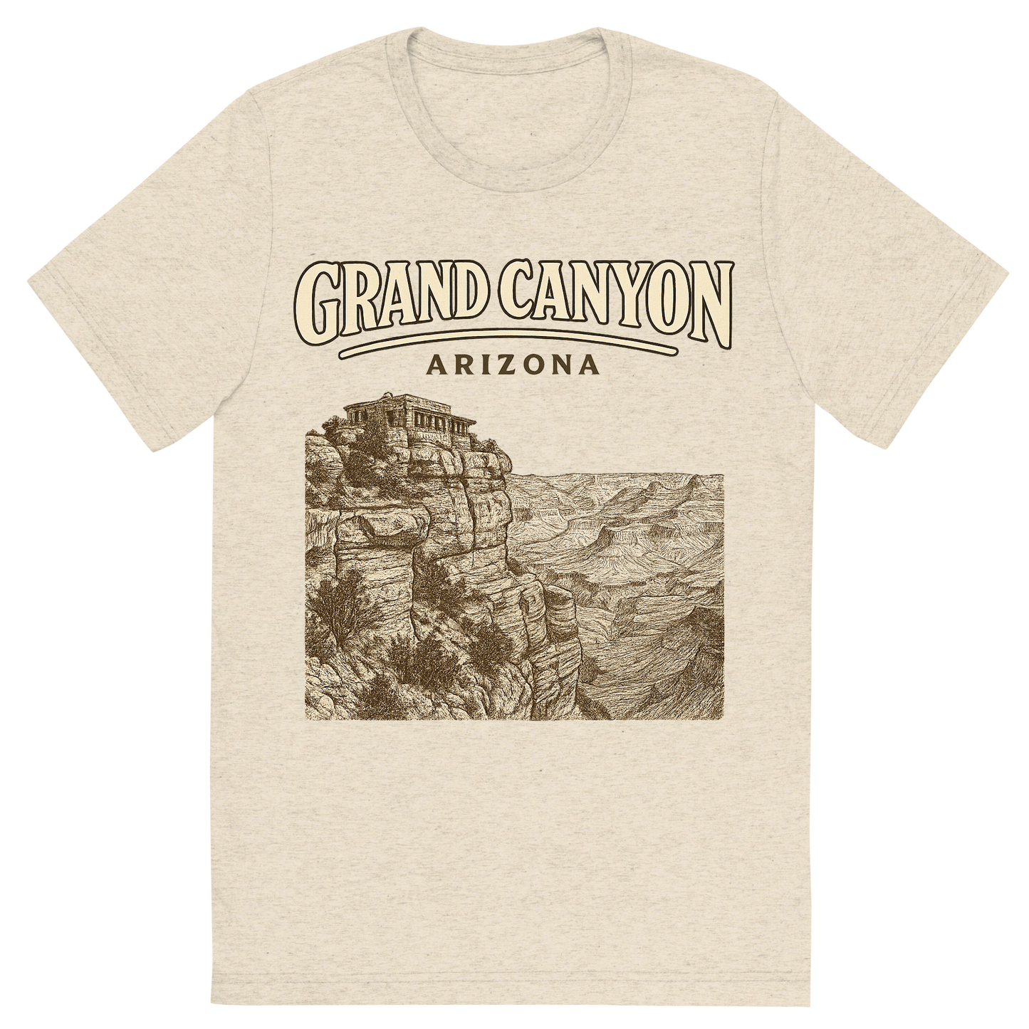 Front view of a Premium Tri-Blend Crew Neck T-Shirt in Oatmeal showing 'A typographic, nostalgic graphic of a typographic illustration of the words 'grand canyon, arizona' with a vintage line art drawing of the south rim lookout'