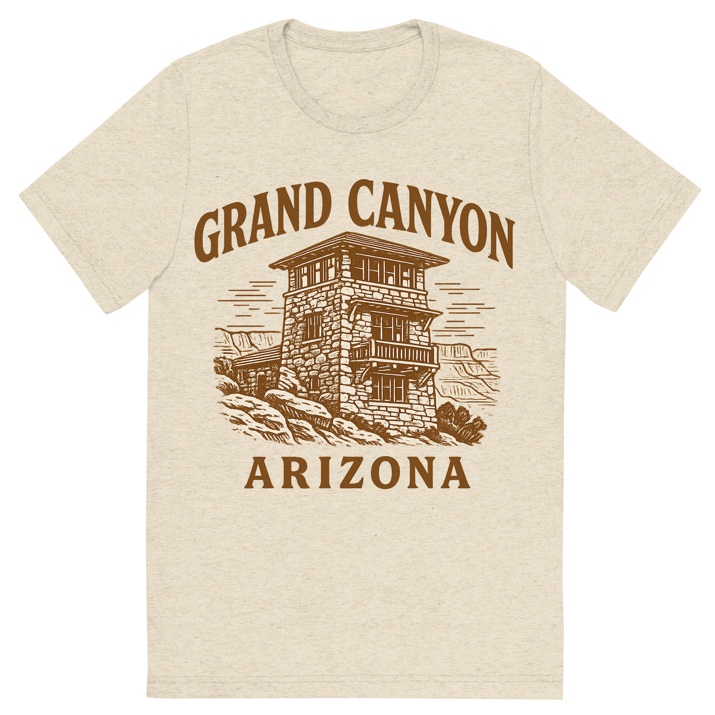 Front view of a Premium Tri-Blend Crew Neck T-Shirt in Oatmeal showing 'A typographic, nostalgic graphic of a typographic illustration of the words 'grand canyon, arizona' with a vintage line art drawing of the south rim lookout'