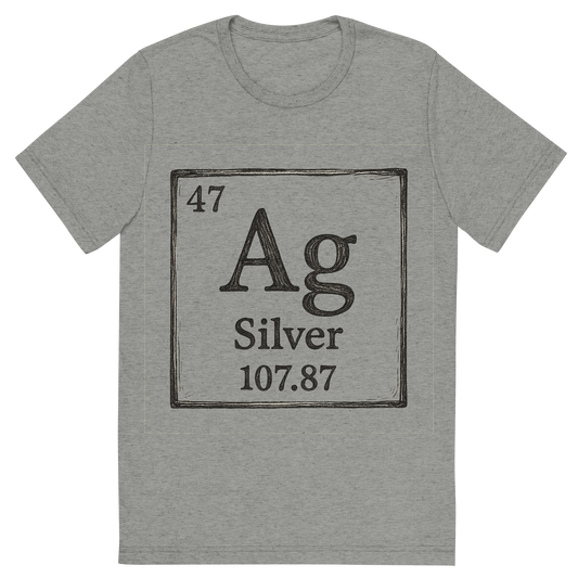 Front view of a Premium Tri-Blend Crew Neck T-Shirt in Athletic Grey showing 'A line art, nostalgic graphic of silver's entry on the periodic table, use a dark color for the lines and text'