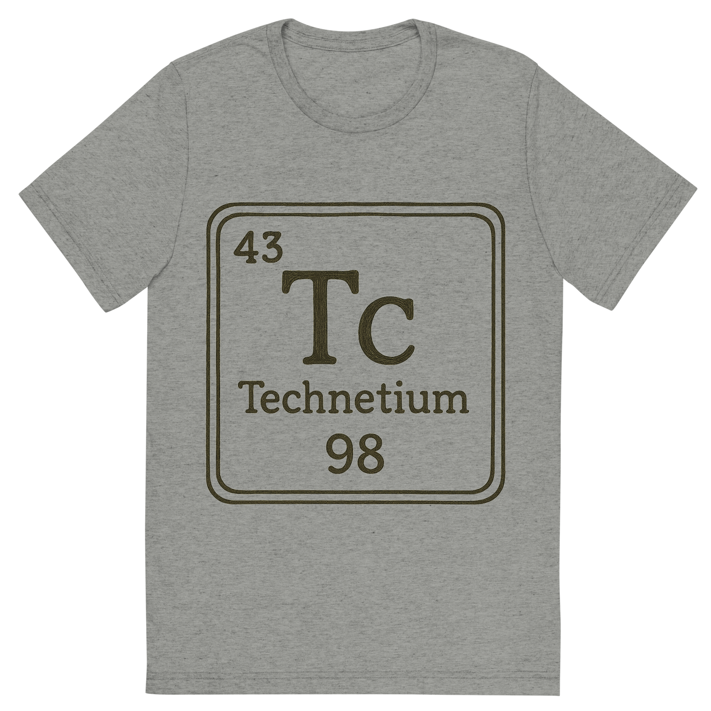 Front view of a Premium Tri-Blend Crew Neck T-Shirt in Athletic Grey showing 'A line art, nostalgic graphic of technetium's entry on the periodic table, use a dark color for the lines and text'
