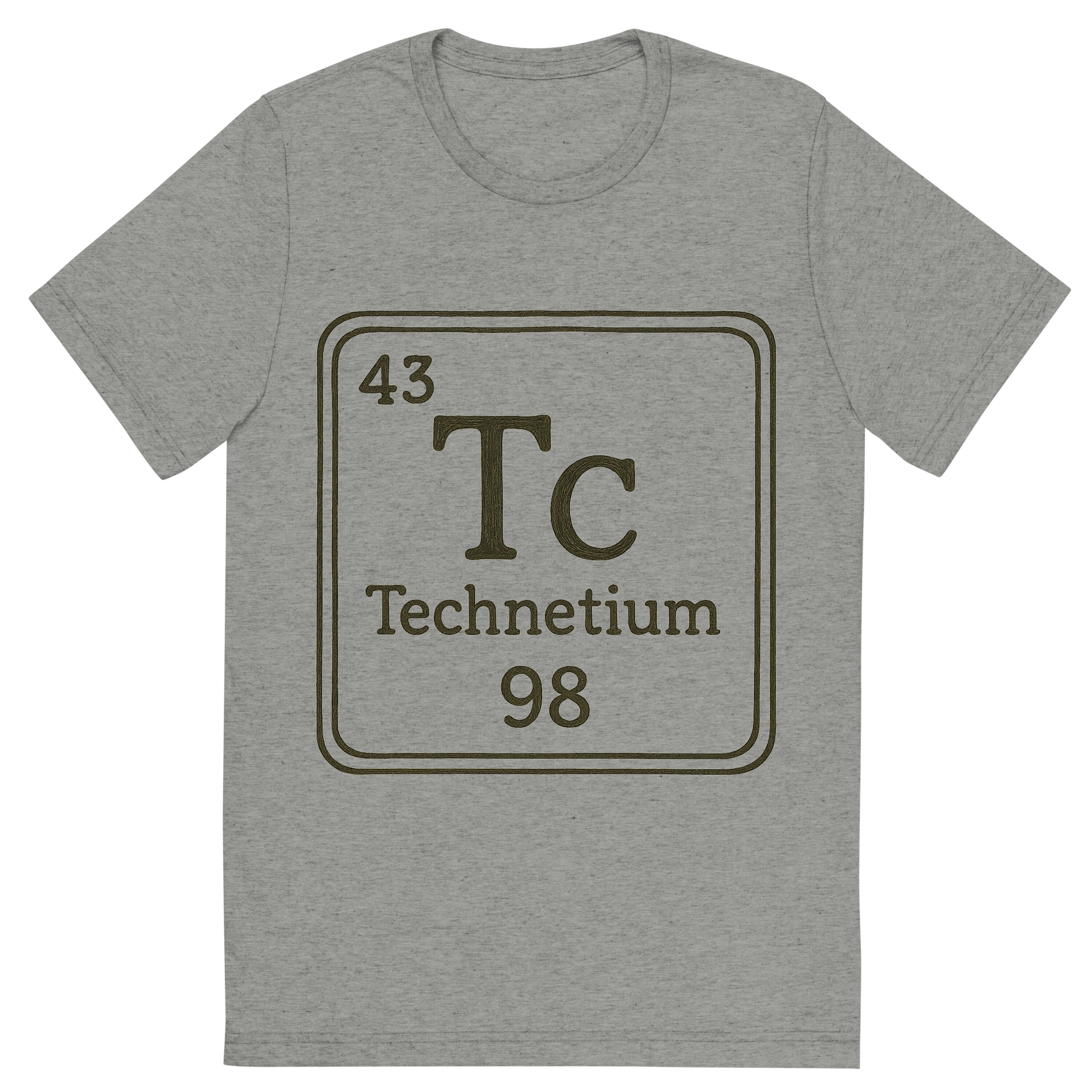 Front view of a Premium Tri-Blend Crew Neck T-Shirt in Athletic Grey showing 'A line art, nostalgic graphic of technetium's entry on the periodic table, use a dark color for the lines and text'