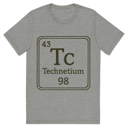 Front view of a Premium Tri-Blend Crew Neck T-Shirt in Athletic Grey showing 'A line art, nostalgic graphic of technetium's entry on the periodic table, use a dark color for the lines and text'