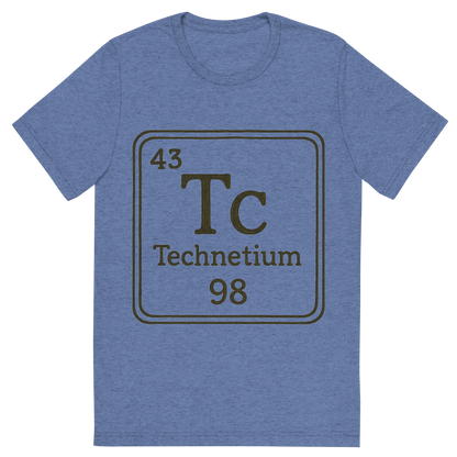 Front view of a Premium Tri-Blend Crew Neck T-Shirt in Blue showing 'A line art, nostalgic graphic of technetium's entry on the periodic table, use a dark color for the lines and text'
