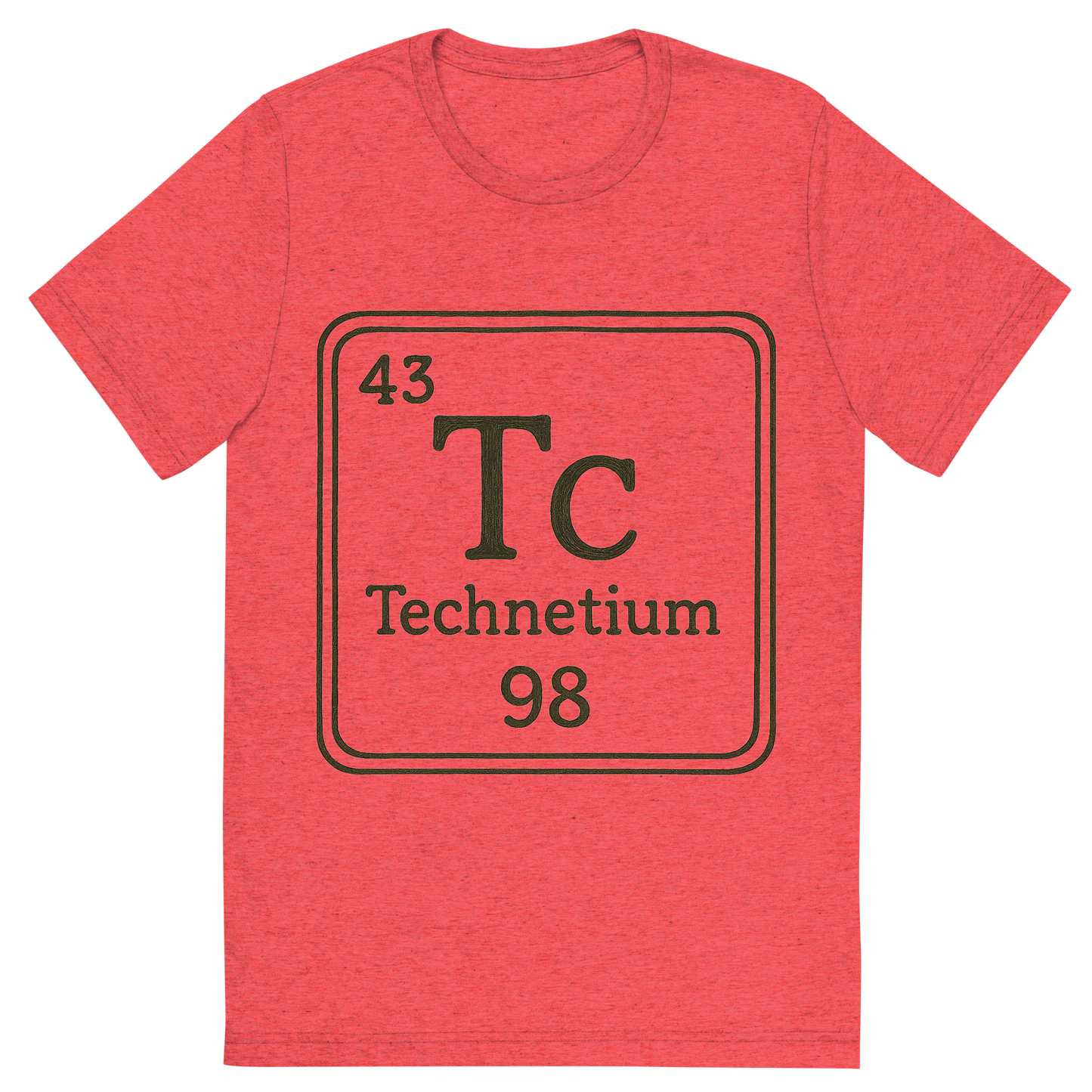 Front view of a Premium Tri-Blend Crew Neck T-Shirt in Red showing 'A line art, nostalgic graphic of technetium's entry on the periodic table, use a dark color for the lines and text'