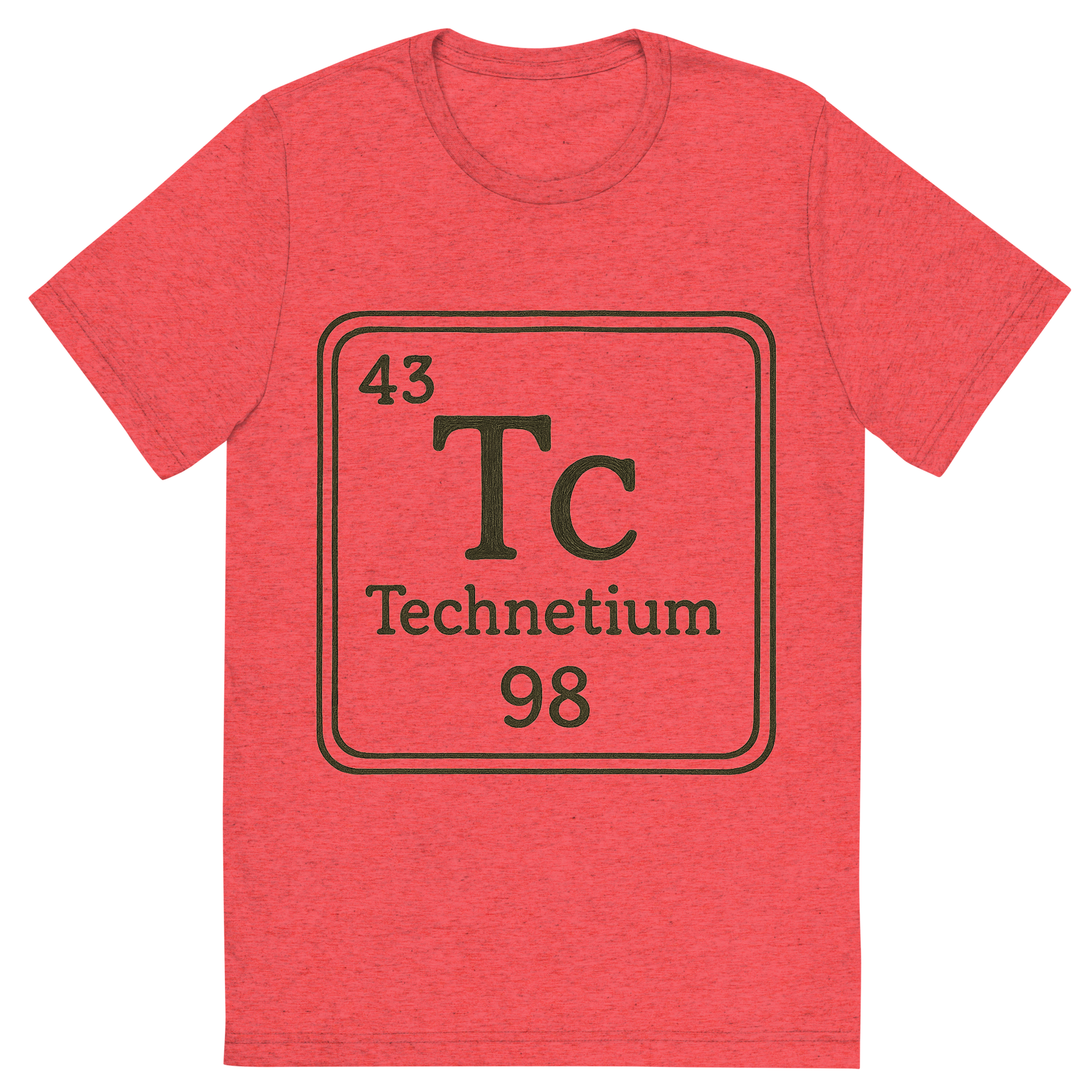 Front view of a Premium Tri-Blend Crew Neck T-Shirt in Red showing 'A line art, nostalgic graphic of technetium's entry on the periodic table, use a dark color for the lines and text'