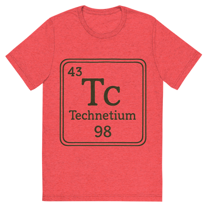 Front view of a Premium Tri-Blend Crew Neck T-Shirt in Red showing 'A line art, nostalgic graphic of technetium's entry on the periodic table, use a dark color for the lines and text'