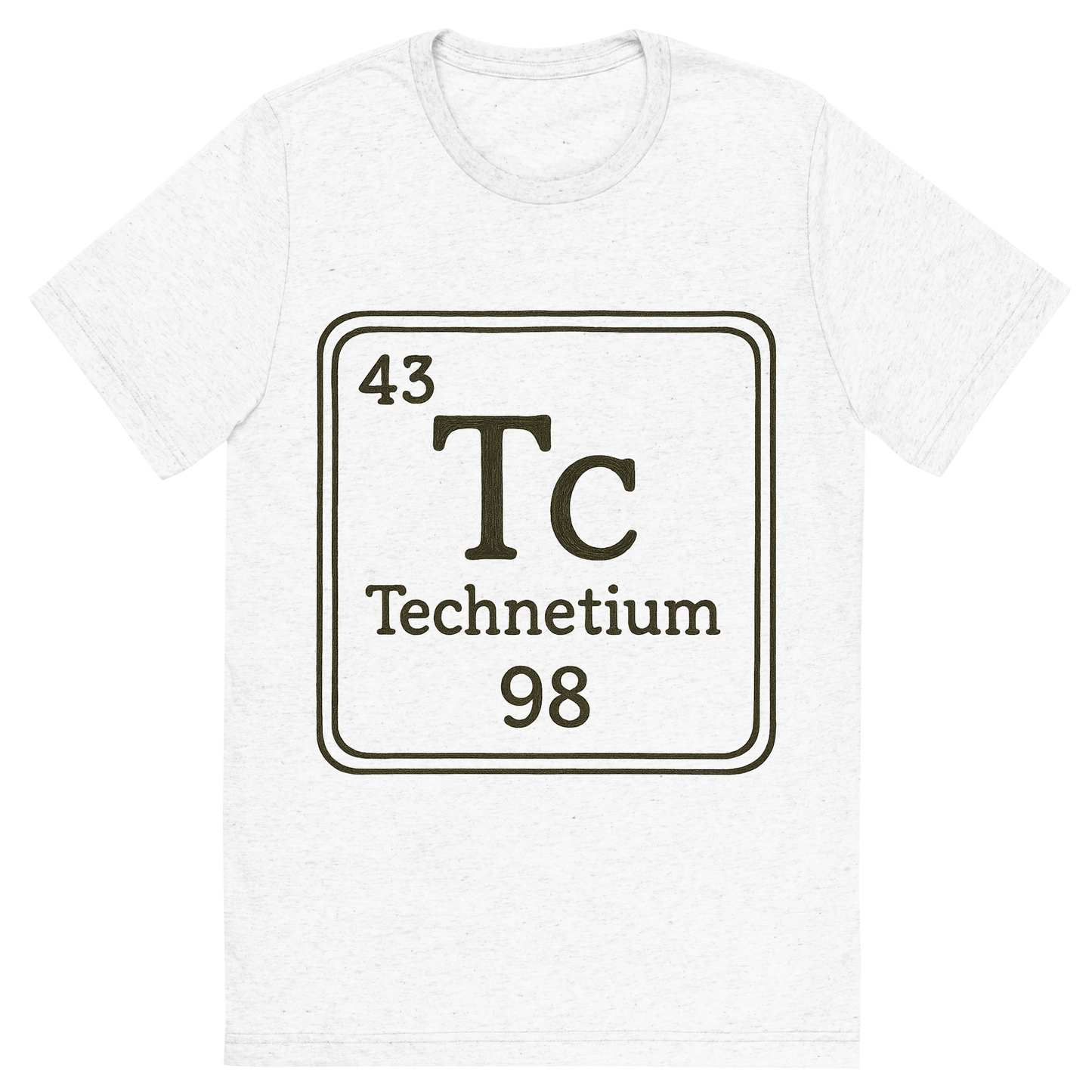 Front view of a Premium Tri-Blend Crew Neck T-Shirt in Solid White showing 'A line art, nostalgic graphic of technetium's entry on the periodic table, use a dark color for the lines and text'