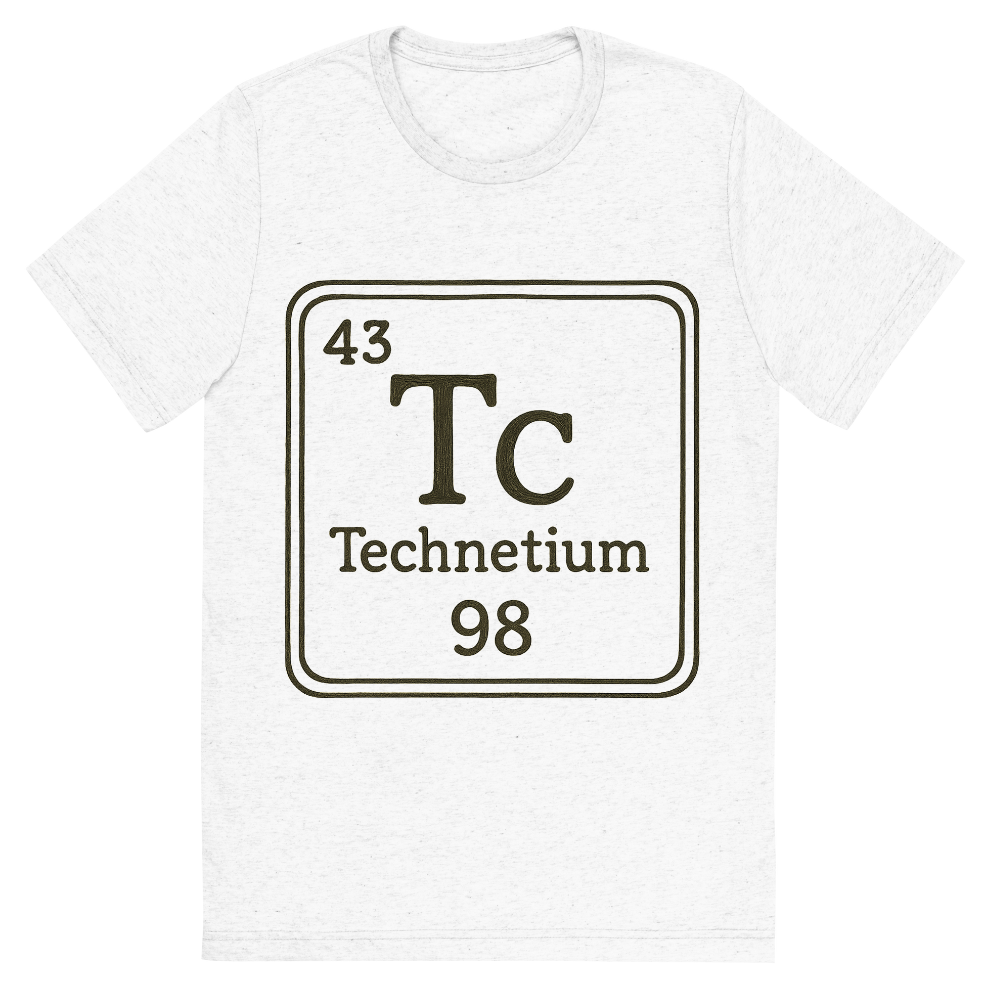 Front view of a Premium Tri-Blend Crew Neck T-Shirt in Solid White showing 'A line art, nostalgic graphic of technetium's entry on the periodic table, use a dark color for the lines and text'
