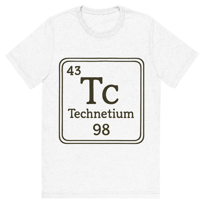 Front view of a Premium Tri-Blend Crew Neck T-Shirt in Solid White showing 'A line art, nostalgic graphic of technetium's entry on the periodic table, use a dark color for the lines and text'
